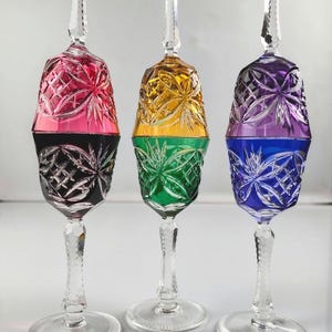 Vintage German Cut Crystal Shot Glasses, Set of 6, Mid Century Colored Crystal, Attributed to Nachtmann