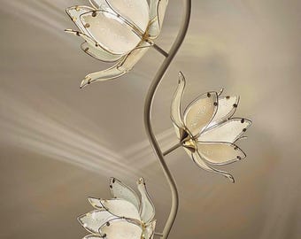 Large Vintage Lotus Floor Lamp with Glass Shelves, 1970s Etched Glass Flower Lamp, Mid Century Hollywood Regency Plant Stand Lamp