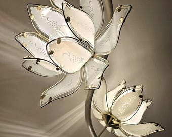 Large Vintage Lotus Floor Lamp with Glass Shelves, 1970s Etched Glass Flower Lamp, Hollywood Regency Plant Stand Light