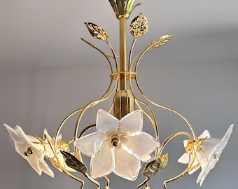 Vintage White Glass Flower Chandelier, Italian Murano Style Floral Ceiling Light, Gold Finish Hollywood Regency Pendant Lamp