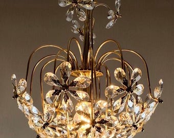 Vintage German Crystal Flower Chandelier, Attributed to Palwa, Gilt Brass, 1960s–1970s
