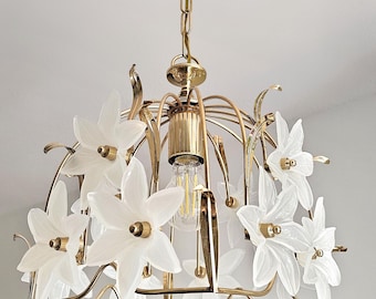Vintage Murano Style Glass Flower Chandelier, White Opaline Floral Pendant Light, Gold MCM Hollywood Regency Ceiling Lamp