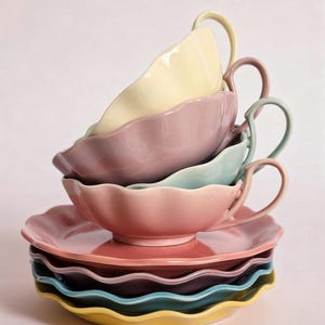 Könnte beinhalten: Ein Stapel bunter Keramik-Teetassen und Untertassen. Die Teetassen sind in Pastelltönen von Gelb, Lila, Blau und Rosa gehalten, mit passenden Untertassen. Die Tassen haben einen wellenförmigen Rand und einen gebogenen Henkel.