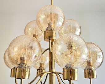 Hans-Agne Jakobsson Attributed Patricia Chandelier, 9 Light Crackle Glass Globe Ceiling Light, Swedish Mid Century Brass Lamp
