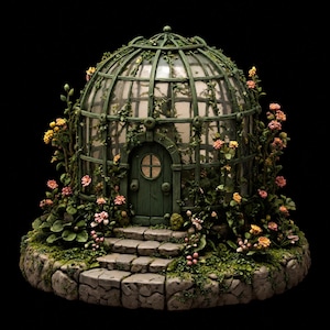 Può includere: Una serra in miniatura con tetto a cupola in vetro e porta in legno verde. La struttura è adornata da rampicanti e fiori, e poggia su una base in pietra. La tavolozza dei colori comprende sfumature di verde, rosa e giallo.