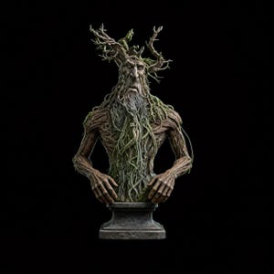 May include: A detailed bust of a tree-like figure with a long beard and antlers. The sculpture is brown with green moss accents and rests on a gray pedestal against a black background. The figure's arms are positioned as if resting on the pedestal.