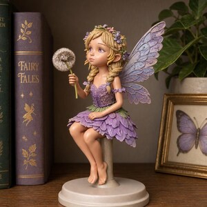 Puede incluir: Una figura de hada con cabello rubio trenzado, vestida con un traje de pétalos morados y una corona de flores. La figura tiene grandes alas moradas texturizadas, está sentada sobre un pedestal cilíndrico y sostiene un diente de león blanco.