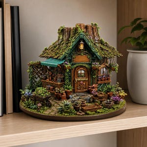 May include: A detailed miniature fairy garden house with a green moss-covered roof, a wooden door, and a small awning. The house is surrounded by miniature plants, pots, and a small cart, creating a whimsical scene. The color palette includes greens, browns, and touches of purple.