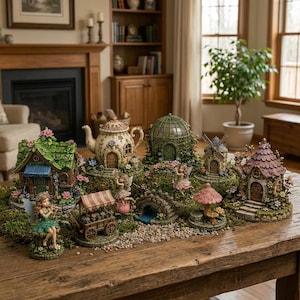 May include: A collection of miniature fairy garden houses and accessories, including a teapot, a greenhouse, and a windmill. The houses are decorated with flowers and greenery, and a fairy figurine is included. The scene is set on a wooden table.