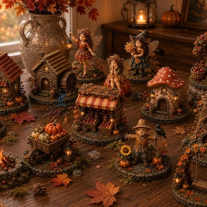 Op de afbeelding: Een verzameling herfstachtige miniatuurfiguurtjes, waaronder kleine stenen huisjes, een paddenstoelhuisje, een marktkraam, een kampvuur, een vogelverschrikker en feeënfiguren versierd met herfstbladeren, gerangschikt op een houten ondergrond.