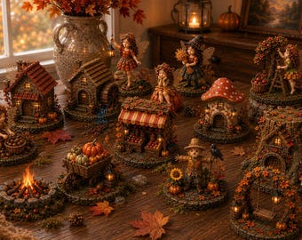 May include: A collection of miniature autumn-themed figurines including small stone houses, a mushroom cottage, a market stall, a campfire, a scarecrow, and fairy figures adorned with fall leaves, all arranged on a wooden surface with scattered leaves.