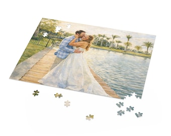 Rompecabezas personalizado de acuarela para boda, regalo de recién casados, compromiso o aniversario (252 o 500 piezas)