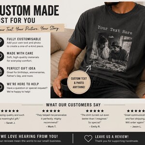 K&ouml;nnte beinhalten: Dunkelgraues T-Shirt mit individuellem Foto und Text. Das Shirt zeigt ein Schwarz-Wei&szlig;-Bild und den Text "Your Text Here". Das Design ist vollst&auml;ndig anpassbar und aus weichen, hochwertigen Materialien gefertigt. Das Bild enth&auml;lt auch Kundenbewertungen.