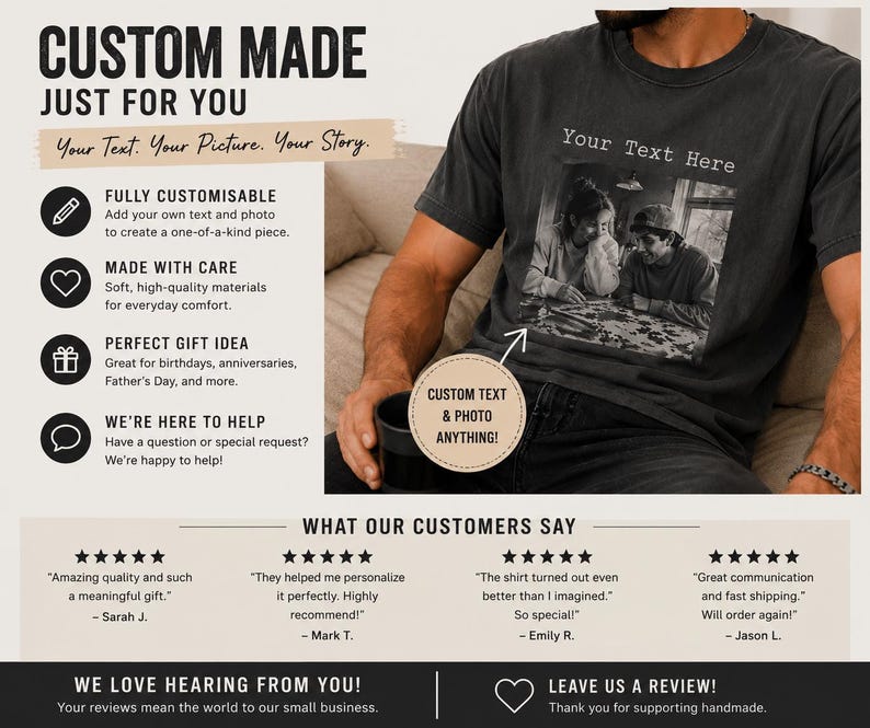 K&ouml;nnte beinhalten: Dunkelgraues T-Shirt mit individuellem Foto und Text. Das Shirt zeigt ein Schwarz-Wei&szlig;-Bild und den Text "Your Text Here". Das Design ist vollst&auml;ndig anpassbar und aus weichen, hochwertigen Materialien gefertigt. Das Bild enth&auml;lt auch Kundenbewertungen.