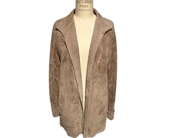 Chaqueta cárdigan vintage de piel de ante estilo BG Street de los años 80 con abertura frontal, color topo, para mujer, talla pequeña