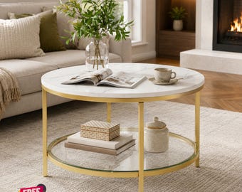 Round Marble Living Room Coffee Table with Gold Frame & Glass Shelf