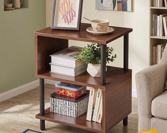 3-Tier Rustic Side Table | Wooden Storage Shelf for Bedroom & Living Room