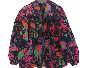 Chaqueta vintage de terciopelo Laurel Escada con estampado psicodélico de cachemir neón, fabricada en Yugoslavia.