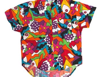 ヴィンテージ カタリナ アブストラクト フィッシュ 花柄プリント ボタンダウンシャツ マルチカラー XL アメリカ