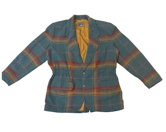 Blazer xadrez vintage Lizwear em lã mohair, tamanho grande, cor verde-azulado, anos 90.