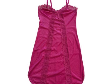 Vintage Movie Star Magenta Pink Lace Trim Nylon Chemise Nightgown Slip Dress 34