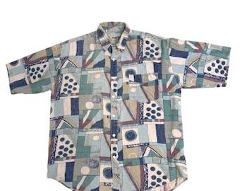 Camisa de seda para hombre Nine Twenty East, manga corta, estampado geométrico abstracto, azul, vintage, talla XL.