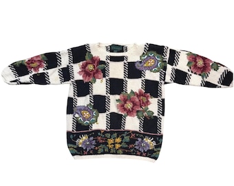 VTG Cullinane Hand Knit Checkerboard Floral Ramie Cotton Cottagecore Sweater L