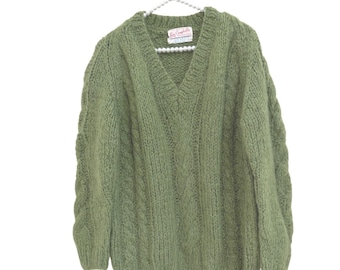 Vintage 60s Kay Campbell's Chunky Mohair Wool Cable Knit Sweater Green Italy L