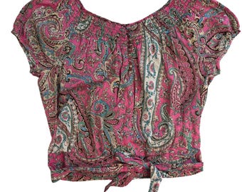 Ivy Jane Pink Paisley Smocked Tie Waist Boho Top Vintage Retro M Cotton USA Y2K