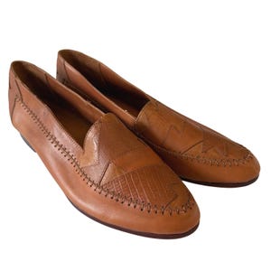 Mocasines de hombre Paolo Fellicce de piel color camel con patchwork, fabricados en Argentina, talla 12D, estilo vintage.