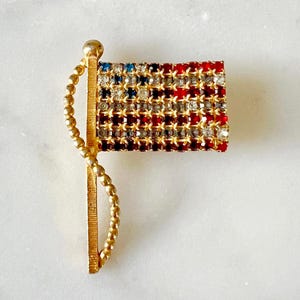 Vintage US American Flag Red, White and Blue Rhinestone Gold Tone Brooch