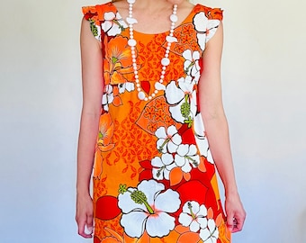 Vintage 1960s Orange Hibiscus Floral Hippie Maxi Barkcloth Sleeveless Dress / 60s Flower Full Length Dress