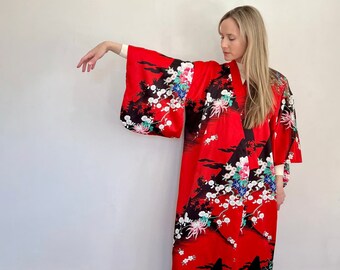 Vintage Red Floral Full Length Kimono Robe / Made in Japan / OSFM