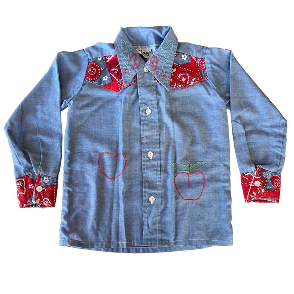 Vintage Girl's Embroidered Hippie Western Chambray Button Down Blouse