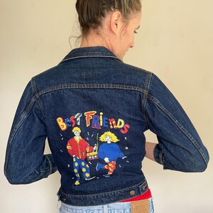 Vintage 80s Dark Wash Denim Best Friends Graphic Buttoned Jacket by Street Worn / XS