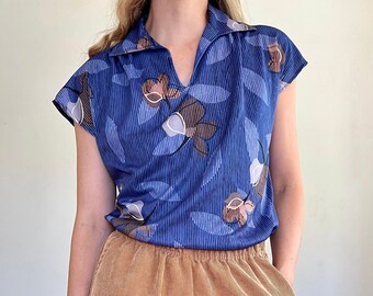 Vintage 80s Fall Floral Leaf Print Short Sleeve Collared Blouse