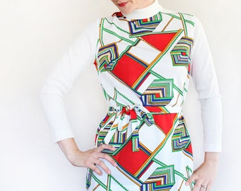Vintage 60s 70s Mod Knit Polyester Long Sleeve Geometric Print Blouse / Micro Mini Dress / Small Medium