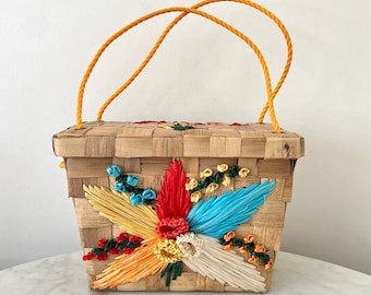 Vintage 60s 70s Jamaica Straw Colorful Raffia Embroidered Floral Basket Handbag