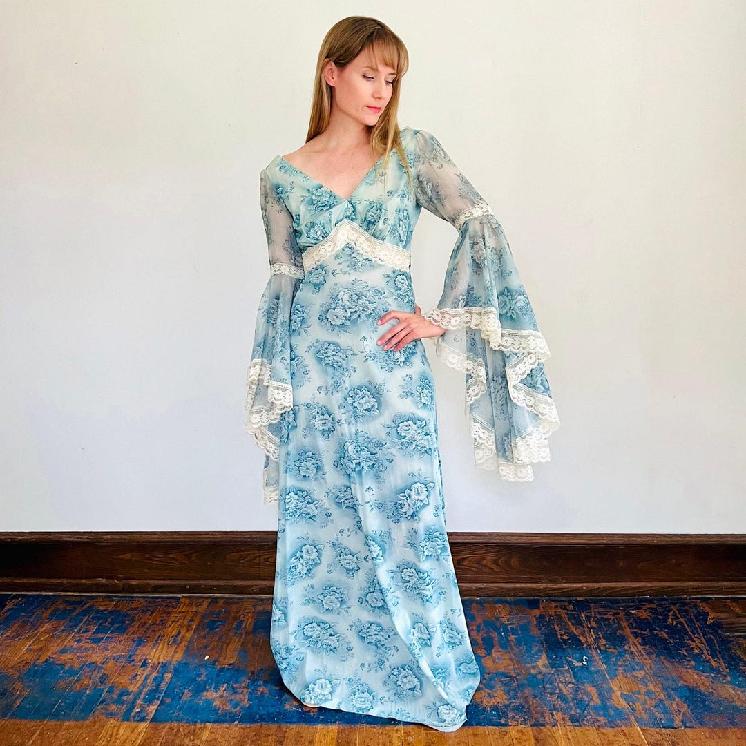Vintage 70s Boho Blue Floral Print and Lace Trim Maxi Dress With Long ...