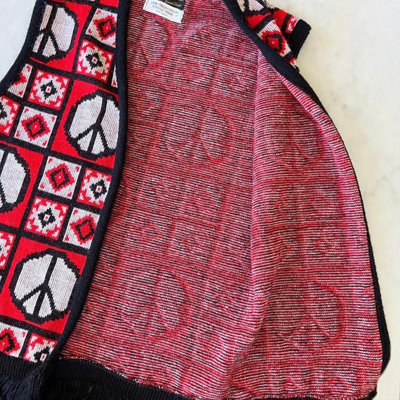Vintage 70s Red Black and White Peace Sign Knit S… - image 5