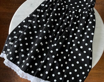 Vintage 80s Black and White Polka Dot A Line Midi Skirt with Lace Trim / S / 24-28" waist