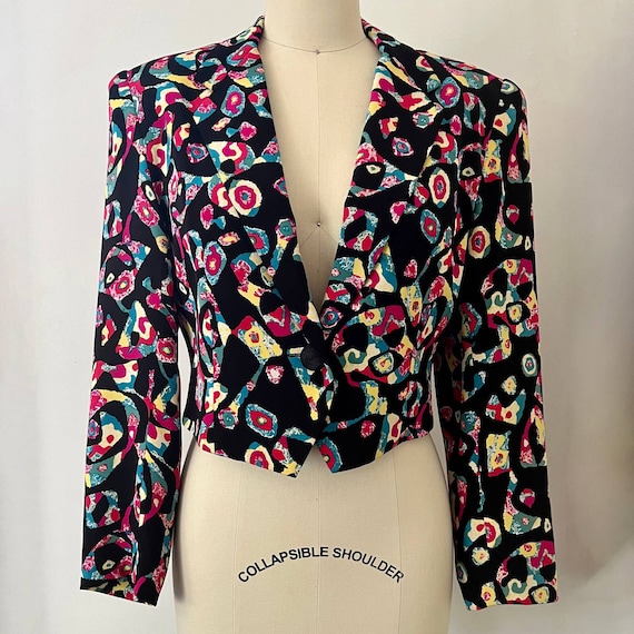 Vintage 80s 90s Worth Cropped Silk Funky Print Bl… - image 2