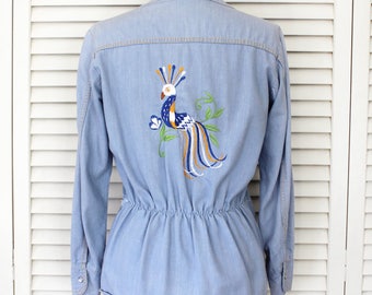 Vintage 1970s Embroidered Peacock Chambray Blouse / Small Medium