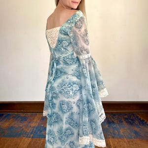 Vintage 70s Boho Blue Floral Print and Lace Trim Maxi Dress With Long ...