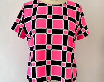 Vintage 60s Neon Pink and Black Geometric Square Print Short Sleeve Blouse