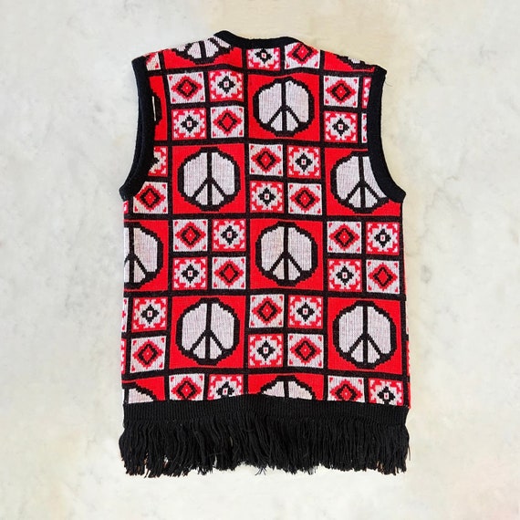 Vintage 70s Red Black and White Peace Sign Knit S… - image 6