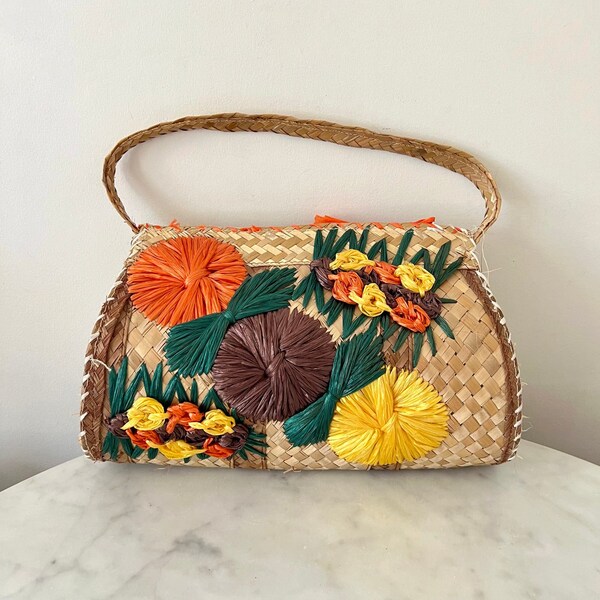 Vintage 70s Straw Orange, Green, Yellow and Brown Raffia Embroidered Floral MOM Handbag