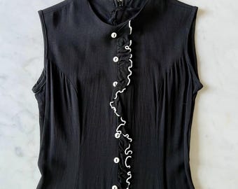 Vintage 1960s Black Sleeveless Sheath Dress with Ruffle Detail and White Trim / Mid Century Day Dress / Medium