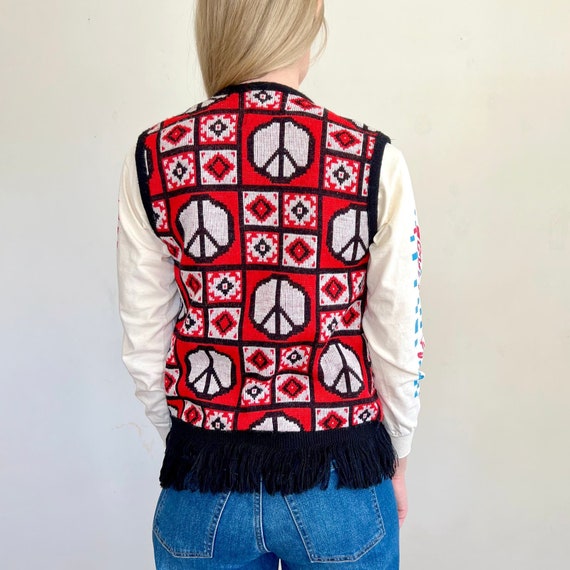 Vintage 70s Red Black and White Peace Sign Knit S… - image 7