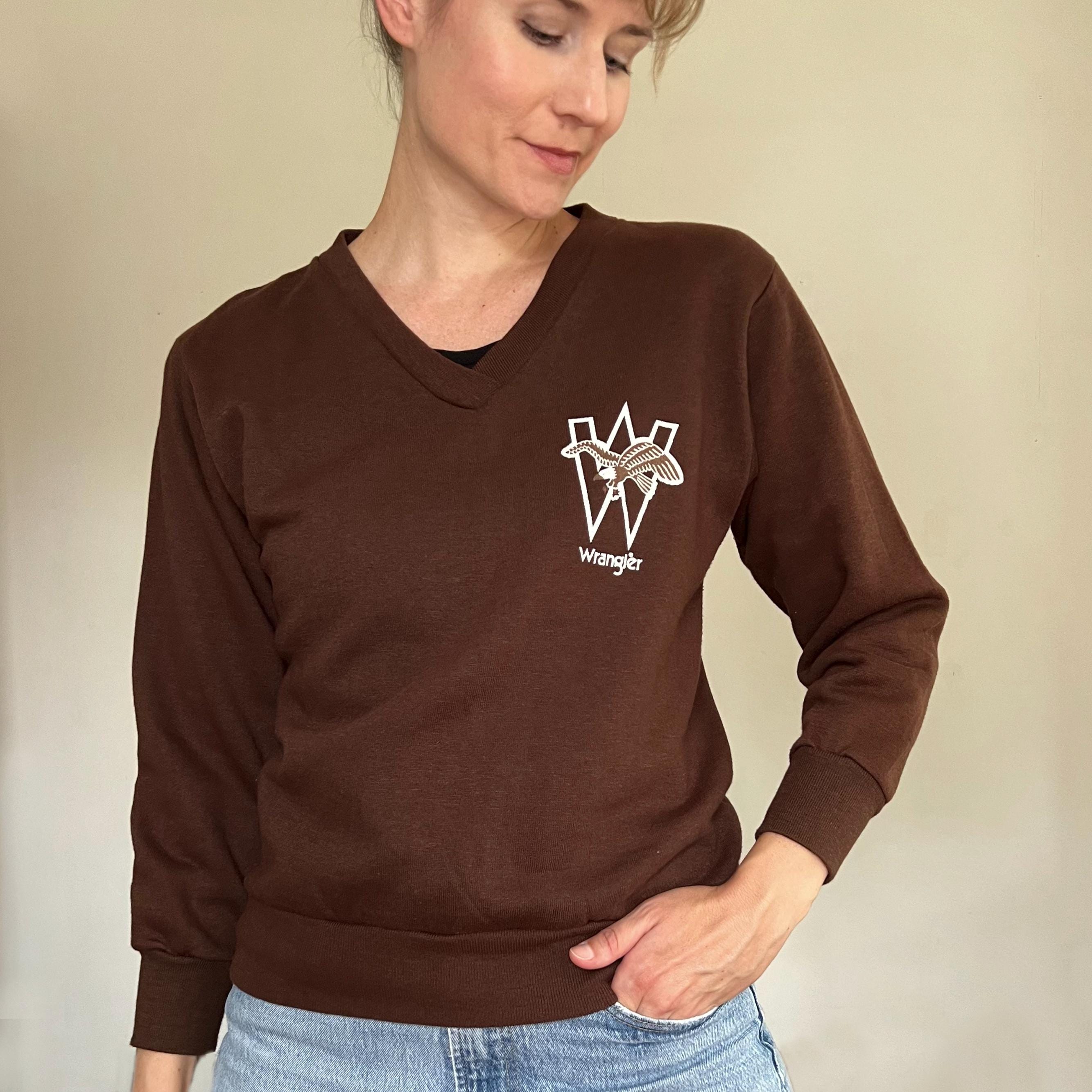 Wrangler, Vintage 70s Women's Wrangler Eagle V Neck Brown Sweater Sweatshirt / Small